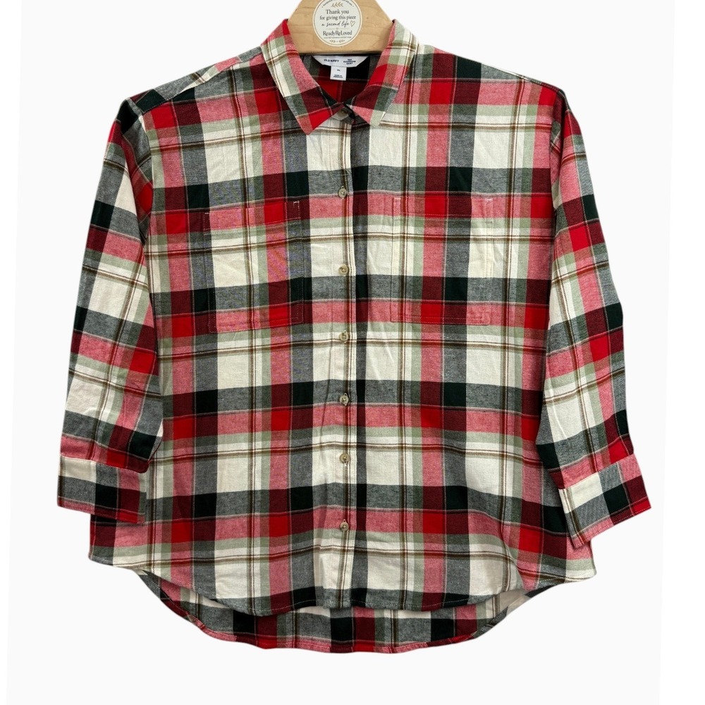 Old Navy XL White Tartan Plaid Flannel Boyfriend Button Down Shirt NWT